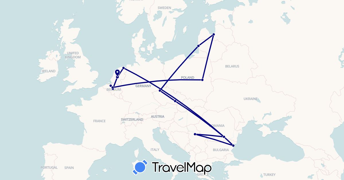 TravelMap itinerary: driving in Belgium, Bulgaria, Czech Republic, Lithuania, Latvia, Netherlands, Poland, Romania, Serbia (Europe)
